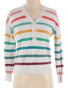 Women’s Ann Taylor LOFT Rainbow Stripe Button Puff Sleeve Pullover Sweater Small - Picture 1 of 3
