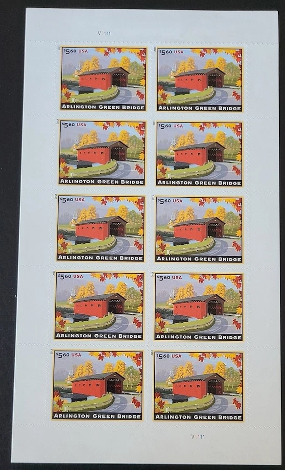 US 2013 #4738 $5.60 Priority Mail Arlington Green Bridge Vermont sheet of 10 MNH - Image 1 of 1