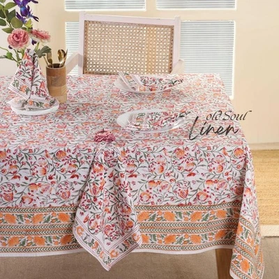 Cotton Tablecloth Floral Block Print Kitchen Decor Table Cover for Dining Spaces - Image 1 of 4