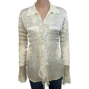 Komarov Crinkle Button Down Blouse Medium Lace Trim Satin Long Sleeve Artsy - Picture 1 of 9
