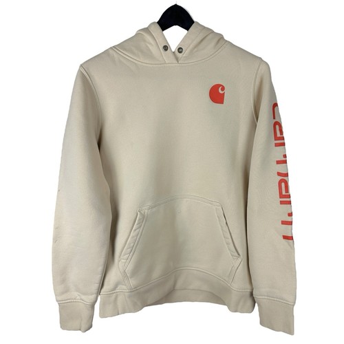 OFF WHITE Felpa con cappuccio relaxed donna Y2K Carhartt panna abbigliamento da lavoro logo Spellout taglia M