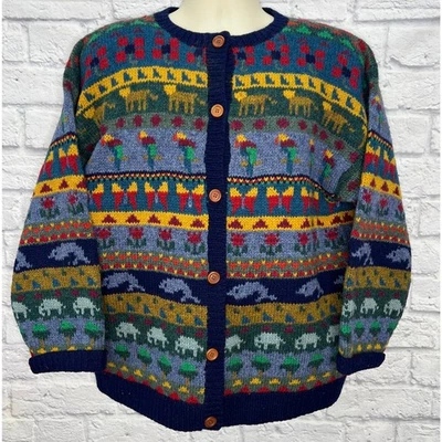 Cárdigan de lana vintage LL Bean para mujer L suéter animales mariposa loro león Foto 1 de 4