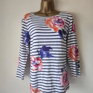 Joules Harbour Print Long Sleeve Top Flower Stripe White Navy UK Size 12 EUR M - Picture 1 of 11