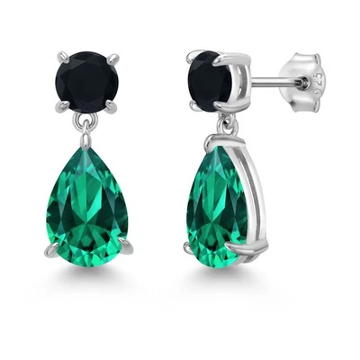 925 Sterling Silver Nano Emerald and Onyx Teardrop Dangle Drop Earrings For - Image 1 of 4