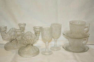 Iris crystal (2) Tall Wine Goblets, (2) Cup/Saucer Sets, and 1 set Candlesticks - Picture 1 of 12