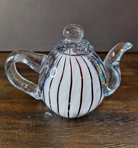 Hand Blown White/Black Glass Art Teapot Decor/Paperweight 4"H - 1 lb 14 Oz - Picture 1 of 8