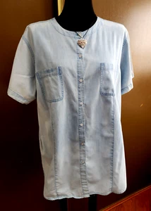 Karen Scott II Lt Blue Stone washed Short Sleeve Button Up Blouse/Two Pockets - Picture 1 of 10