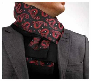 Brand New Mens Double Side Scarf Silk Wool Blend Black with Red Paisley Design - Picture 1 of 1