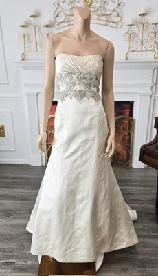 Rivini Ivory Crystal Embroidered Strapless Silk Blend Wedding Dress sz 10 - Image 1 of 4