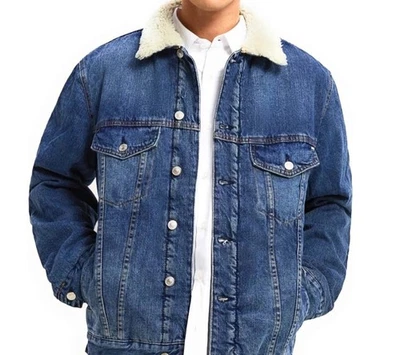 Zara Man Large Teddy Fleece Lined Sherpa Light Blue Distressed Denim Jacket - Image 1 of 4
