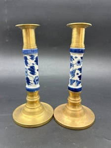 2er Set Kerzenständer Keramik blau weiß Delfter Blumen Chinoiserie - Bild 1 von 3