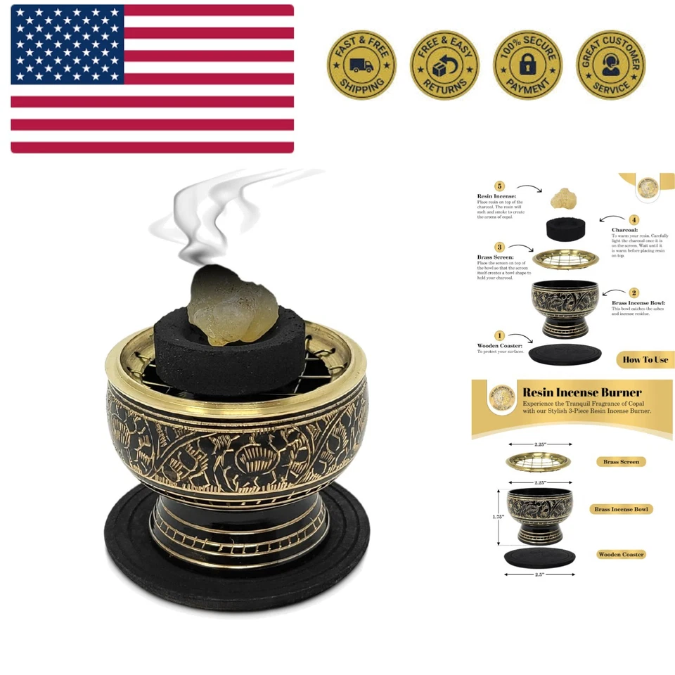 Small Indian Decorated 3pc Brass Charcoal Screen Incense Burner & Wooden Coaster