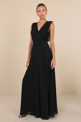 Nuevo con etiquetas Maxi Vestido Lulus Major Elegance Negro Sin Mangas Volantes Talla Pequeña Foto 1 de 4