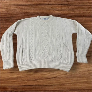 Vintage Cape Isle Knitters Herren Creme Zopfmuster Baumwolle Pullover Large Hergestellt in den USA - Bild 1 von 7