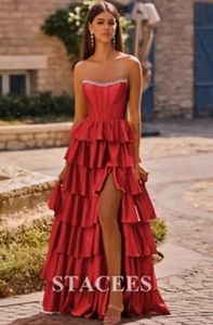Stacees Strapless Corset Ruffle Slit Long Prom Dress w/ Beads-Never Worn Size 6 - Picture 1 of 9