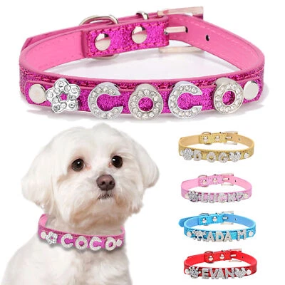 Personalised Dog Collar Pet Cat Puppy Name Collar Rhinestone Bling Name Charms