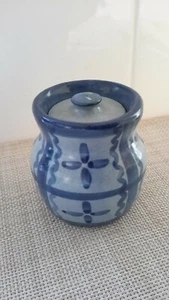 Handmade Hand Painted Ceramic Covered Dish Jar Blue Signed On Bottom Pre-owned - Picture 1 of 11