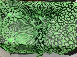 Neon Green Iridescent Geometric Damask Design on a Black 4 Way Stretch Mesh Lace - Picture 1 of 5