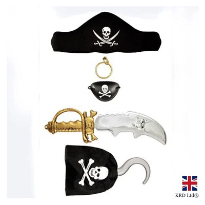 5Pcs Kids PIRATE FANCY DRESS COSTUME SET Hat Hook Earring Eye Patch Cutlass Kit - Image 1 of 4