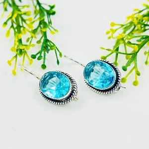 925 Sterling Silver Rose cut Swiss Blue Topaz Gemstone Jewelry Earring - Picture 1 of 4