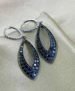 Women Drop/Dangle Earring 2.0Ct Round Lab Created Sapphire 14K White Gold Plated - Picture 1 of 5