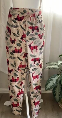 Joe Boxer Men’s Lg Flannel Lounge Pants Tan,Red,Green Holiday Deer,Bear Squirrel - Image 1 of 4
