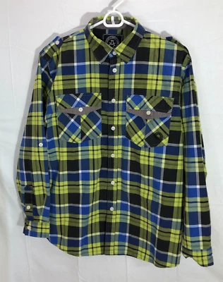 Akademiks Clothing Boy Youth L 14 16 Long Sleeve Button Green Blue Plaid Shirt Foto 1 de 4
