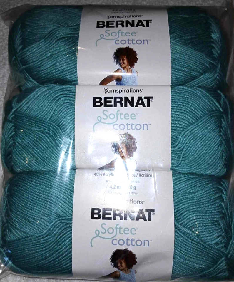 Bernat Softee Cotton Yarn Lot of 3 Skeins POOL GREEN #3 Light Weight - Image 1 of 1
