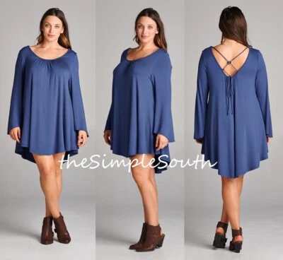 Nuevo Vestido túnica trapecio espalda con tiras abiertas manga campana azul índigo esmeralda 2X Foto 1 de 4