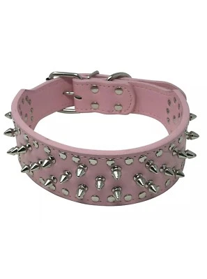 Dog Collar Studded Spikes Rivet PU Leather 2” Thick Rose Pink M Med 17-20 Inch - Image 1 of 3