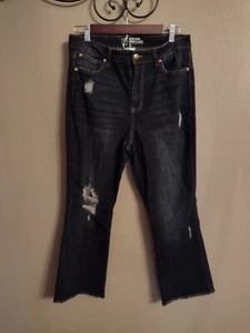 Dunkelblaue Damenjeans Distressed ausgefranst hoher Bund Crop Flare - Bild 1 von 4