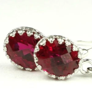 925 Sterling Silver Crown Bezel Leverback Earrings, Created Ruby, SE109 - Picture 1 of 5