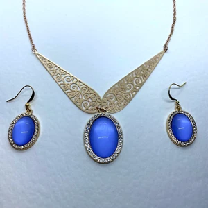 JUEGO DE COLLAR DE FILIGRANA ESTILO KLIMT VIDRIO AZUL PÚRPURA Y DIAMANTE ENCHAPADO EN ORO ROSA - Imagen 1 de 9