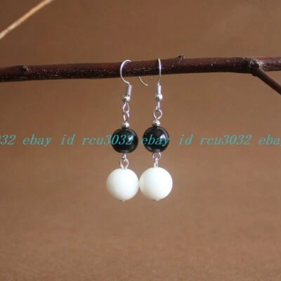 Nuevo Moda Pendientes Gancho Jade Porcelana Negro Ónix y Blanco Mujeres Joyería Foto 1 de 4