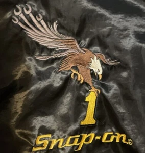 Vintage Snap On Tools Satin Bomber Jacket XL Black Eagle #1 Yellow Accents USA - Picture 1 of 5