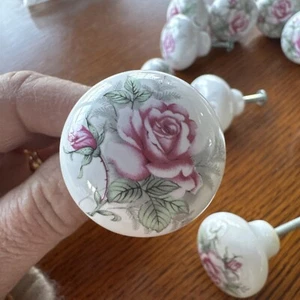 Lot Of VTG Porcelain Pink Roses Cabinet Knobs W/ Screws~Draw Pulls~Shabby Chic - Picture 1 of 12