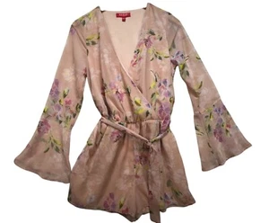 Guess Womens Floral Wrap Darla Belted Romper Size M Pink Bell Sleeves Fairy Y2K - Picture 1 of 14