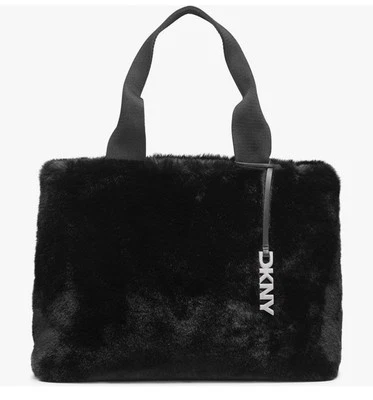 DKNY Roni Faux Fur Reversible East West Tote W Logo Charm Black New - Image 1 of 4