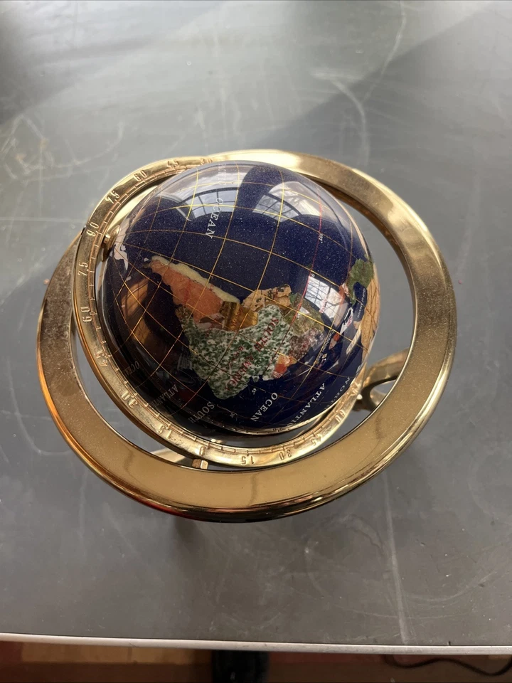 Piedra preciosa de lapislázuli azul vintage globo base de latón 34" Foto 1 de 4