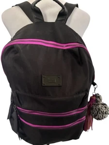 Steve Madden Black Nylon Purple Trim Boho Backpack, Pom Pom Fringe Charm, 3 Zip - Picture 1 of 14