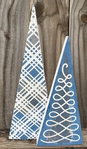 2 Wooden Painted Trees Reversible Blue Or Burgundy Christmas Winter Decor - Picture 1 of 6