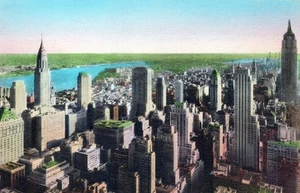 NEW YORK CITY - Skyscrapers Of The Uptown Area Hand Colored Postcard - Picture 1 of 2