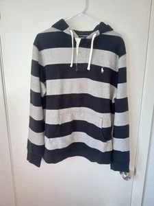 Vintage Polo Ralph Lauren Striped Hoodie Grey/Black Size L - Picture 1 of 4