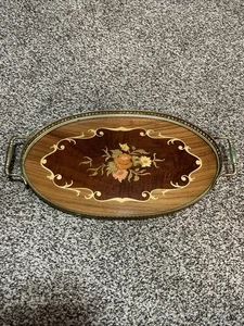 Vintage Italian Marquetry Wood Floral Inlay Brass Handle Tea Vanity Tray Serving - Picture 1 of 13
