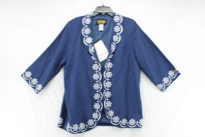 NWT Bob Mackie Wearable Art Women's Jacket Blue Large Linen Blend Embroidered - Picture 1 of 8