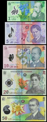Romania, 5 PCS SET, 1 5 10 20 50 Lei 2023-2025, UNC, POLYMER, P-116 to P-120 - Image 1 of 4