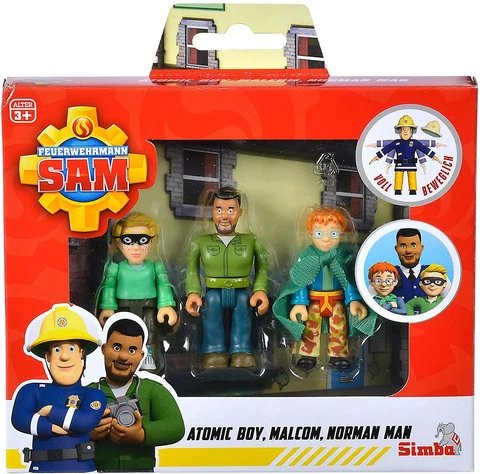 Fireman Sam Gift Pack figure Atomic Boy, Malcom, Norman Man movable plastic Cover