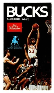 1974-75 Milwaukee Bucks Schedule Card LEW ALCINDOR Pictured vs Celtics FREE SHIP - Picture 1 of 2