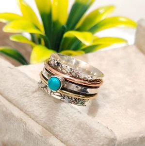 Turquoise Spinner Band Ring 925 Sterling Silver Birthday Gift Size 6 A54 - Picture 1 of 6