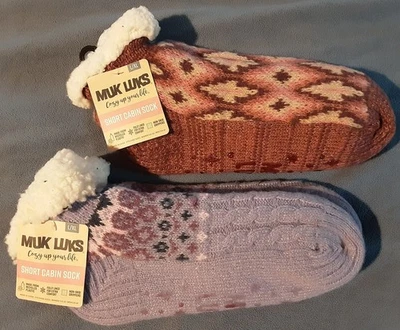 Muk Luks Short Cabin Socks Womens L/XL Pink & Purple Non Skid Lined Lot of 2 NWT - Image 1 of 4